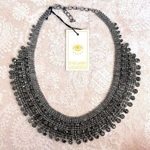 Brand New Eye Candy Smoky Gray Glass Crystal Bib Bold Tribal Statement Necklace